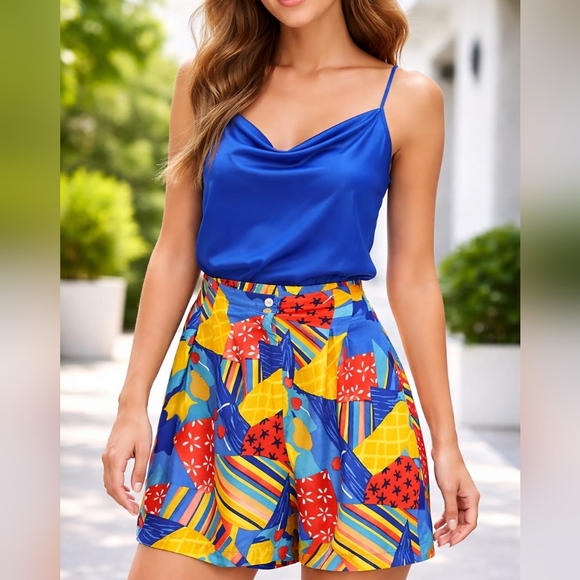 🎉 HP New Vintage Oscar de la Renta Silk Abstract Paint Print Shorts Medium